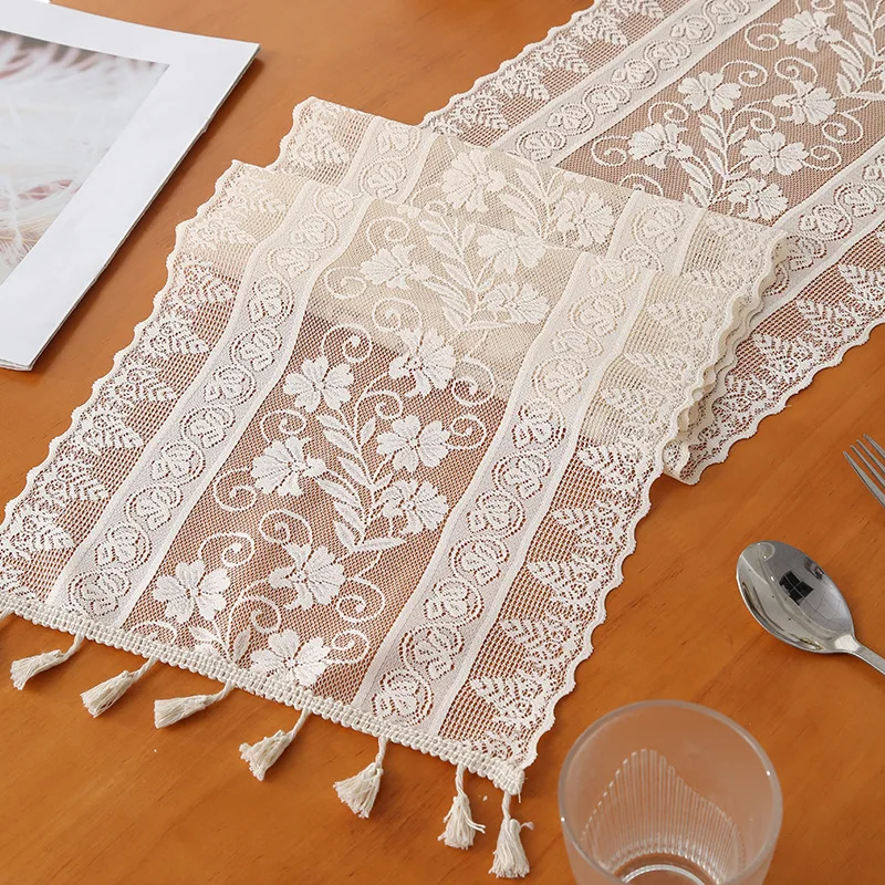 Beige morning glory flower hanging tassel table flag countryside style dining table decoration, non slip and beautiful