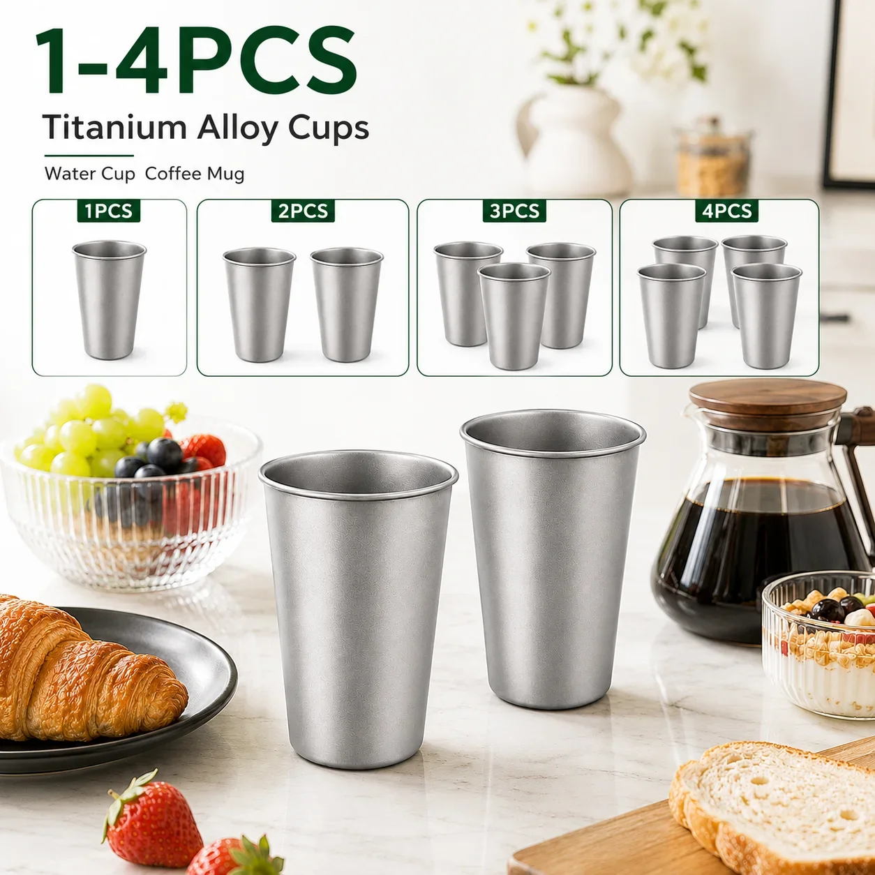 1-4PCS Titanium Alloy Cups Ultralight Metal Coffee Mug Reusable Drinking Cup for Tea Juice Camping Travel Home Office Kitchen
