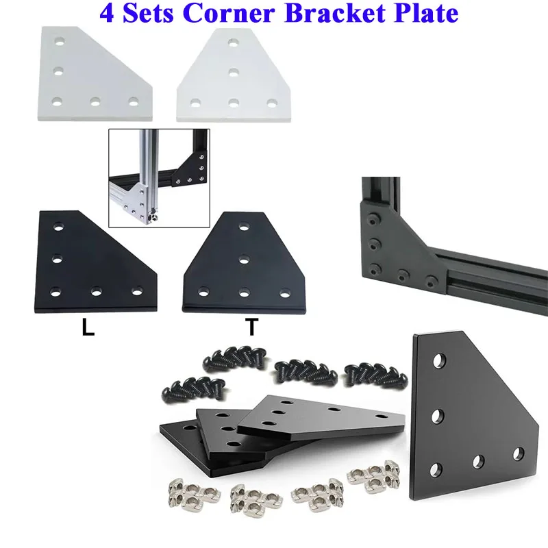4 Sets 5-Hole L T Shape Joining Plate with Screws and T Nuts Corner Bracket 2020 3030 4040 Aluminum Extrusion Profile 3D Printer
