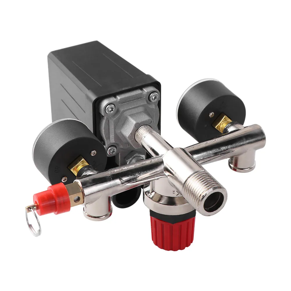 

90-120PSI Air Compressor Pressure Valve Kit Vertical Switch Quick Adjustment Air Compressor Bracket Dual Pressure Gauges