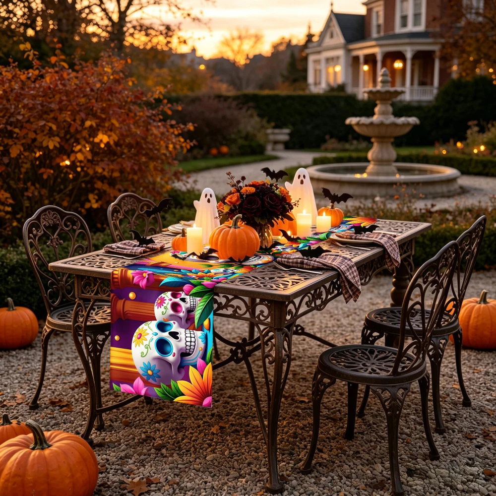 1pc Halloween Table Runner, Colorful Sugar Skull With Flowers And Butterflies Pattern, Durable Polyester Rectangular Decor