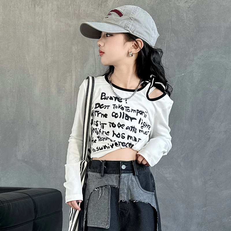 spring autumn cotton junior girls design t-shirt teenage chic shoulder leakage top child kid letter tee 4 8 10 11 12 13 14 15 16