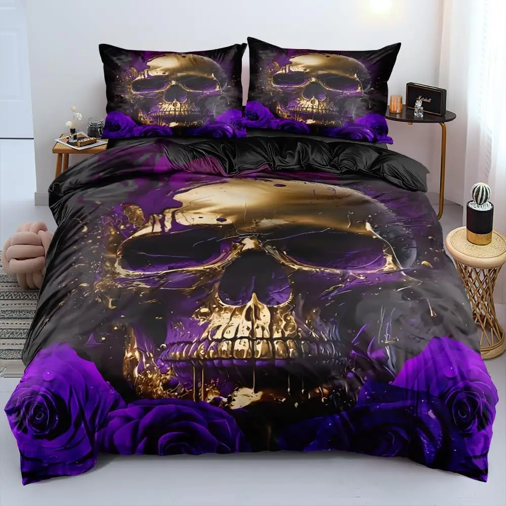

Golden Skull and Purple Roses Duvet Cover Set Flowers Comforter-Cover and Pillowcases Gothic Print Bedding Set Bedroom Decor