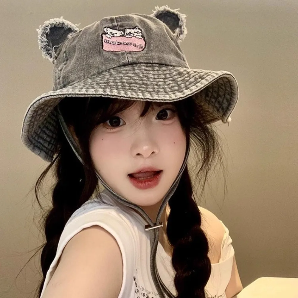 

Cat UV Protection Bear Ears Hiking Fisherman Hat Sunscreen Wide Brim Sun Denim Hat Embroidery Retro Lace-up Bucket Cap Outdoor