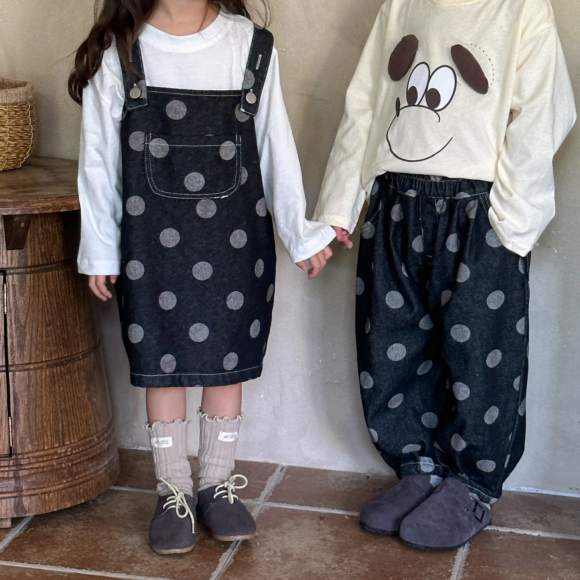 

Boys Jeans Casual Children's Autumn Clothing 2025 New Spring and Autumn Baby Polka Dot Girls Strap Dress