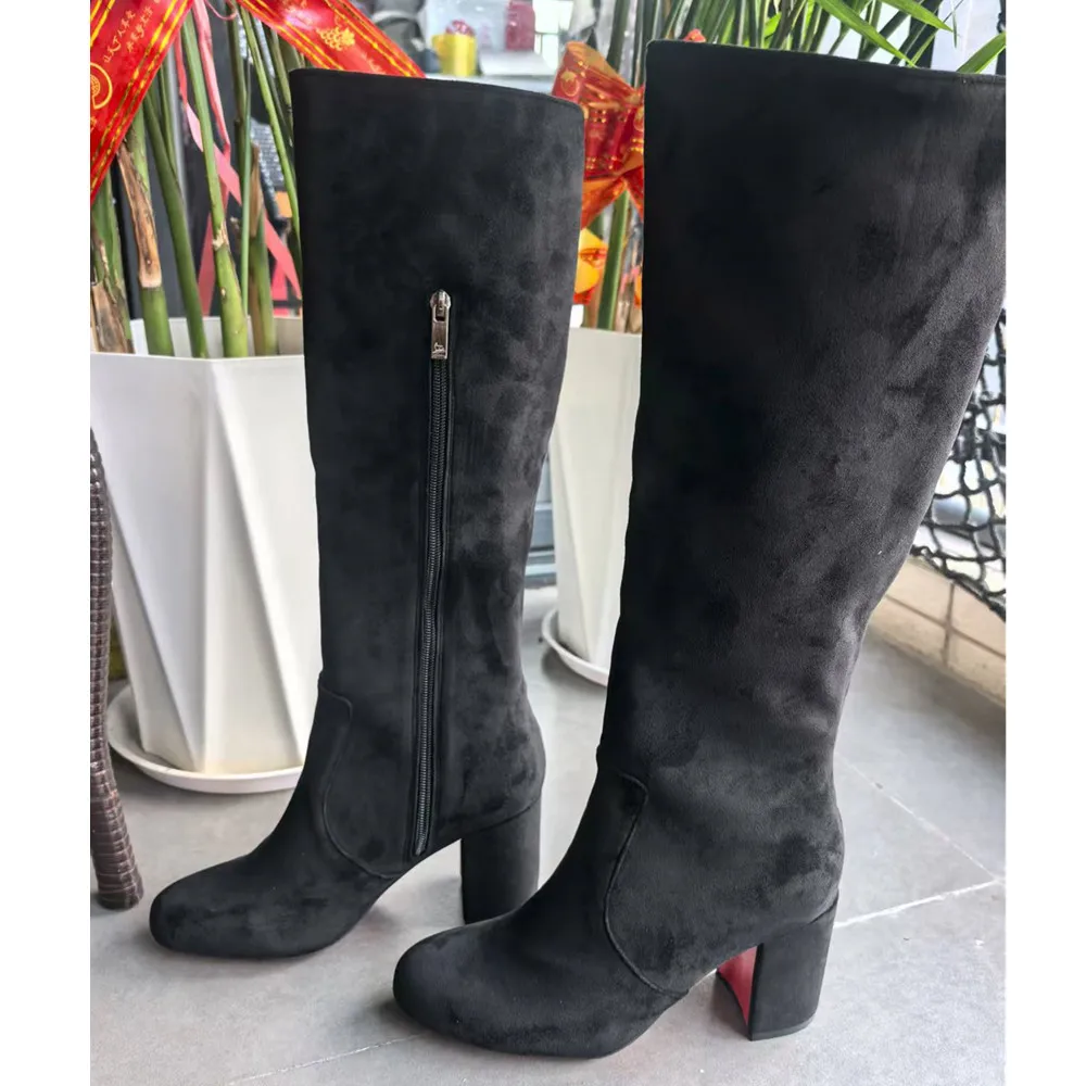 

Europe America Women Round Toe Low Heels Boots for Woman's Knee High Square Heels Zipper-Sid Long Botas Mujer Luxury Party Shoes
