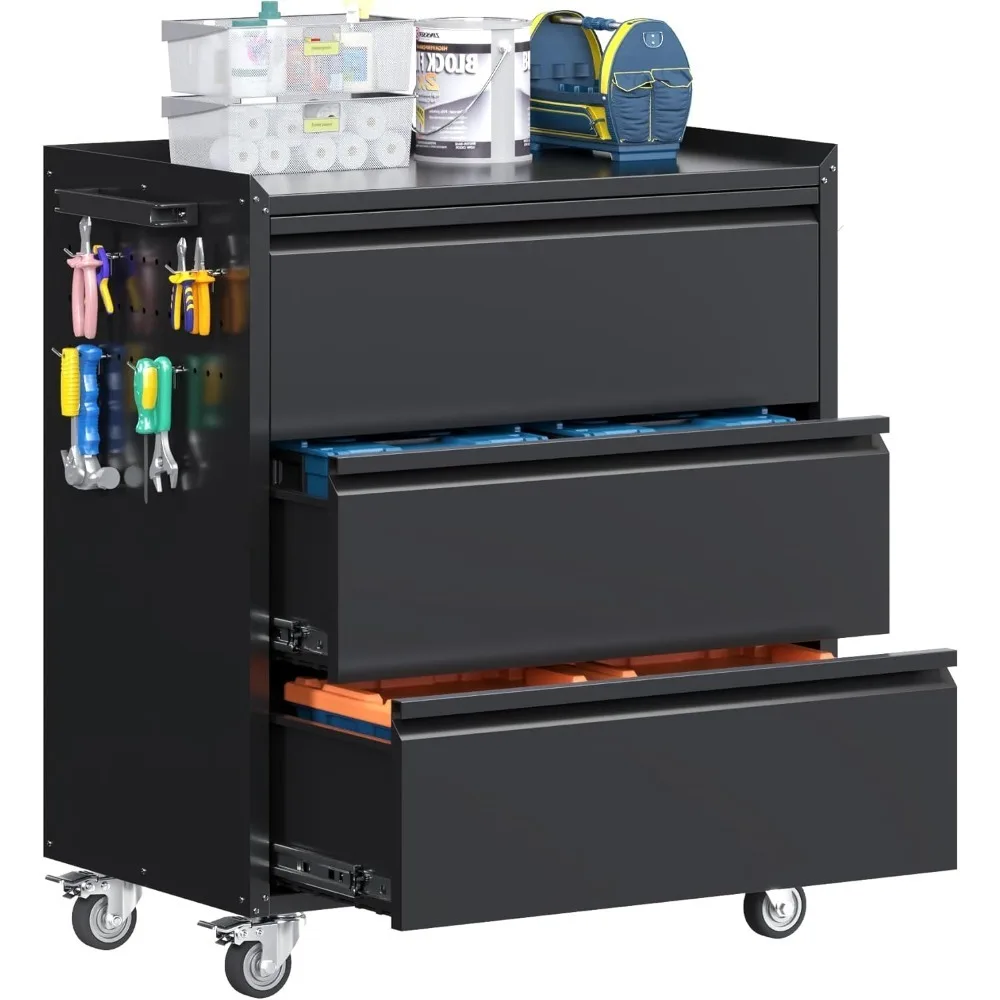 

Metal Garage Storage Cabinet with Wheels and Pegboard, Rolling Tool Storage Cabinet with 3 Drawers for Garage, Home