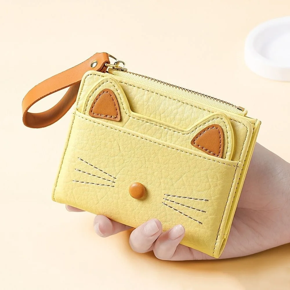 Cute Cartoon Cat Wallet Multicolor Pu Leather Card Bag Compact Size Zipper Closure Short Wallet For Ladies