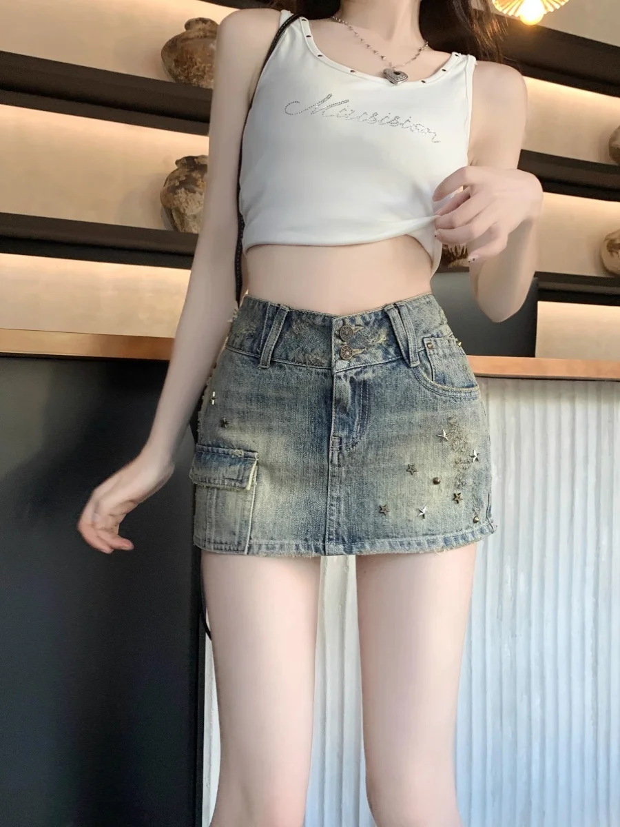 High Waist A-Line  Skirt Retro Washed Heavy Duty Denim Women Summer New Style Spicy Girl Short Skirt Korean Style Commute