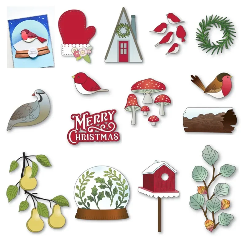 Log Mitten Partridge Birdhouse Snowy Pear Christmas Bird Metal Cutting Dies Stamps Scrapbooking Make Photo Album Card DIY