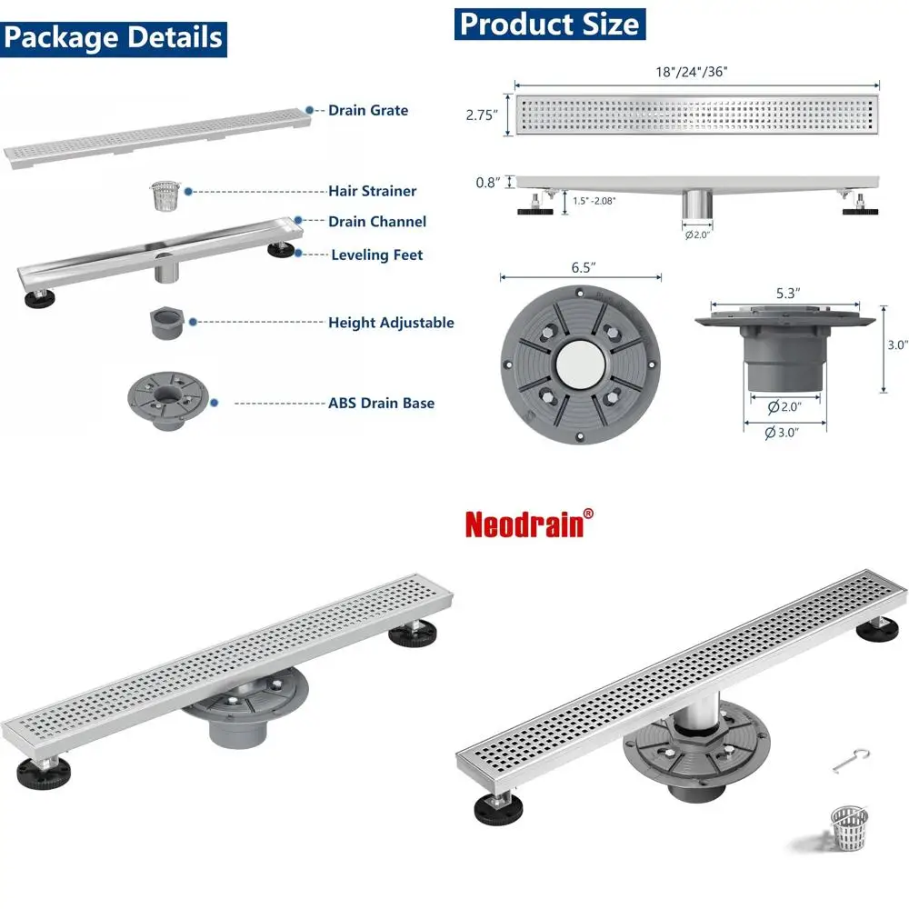

18-Inch Brushed Stainless Steel Linear Shower Drain with Quadrato Pattern Grate and Hair Strainer