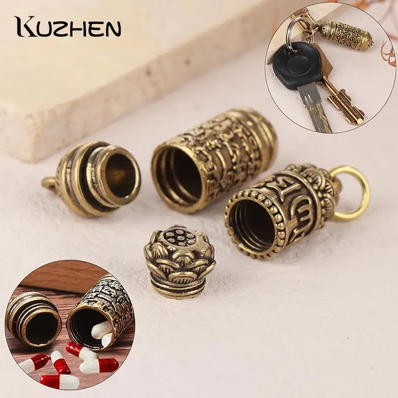 1Pc Sutra Cylinder Pendant Keychain Brass Pill Case Vintage Pill Box Container Bottle Hollow Brass Buddha Bottle