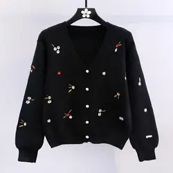 Womens Retro Embroidered Flower Knitted Cardigan Short Sweater