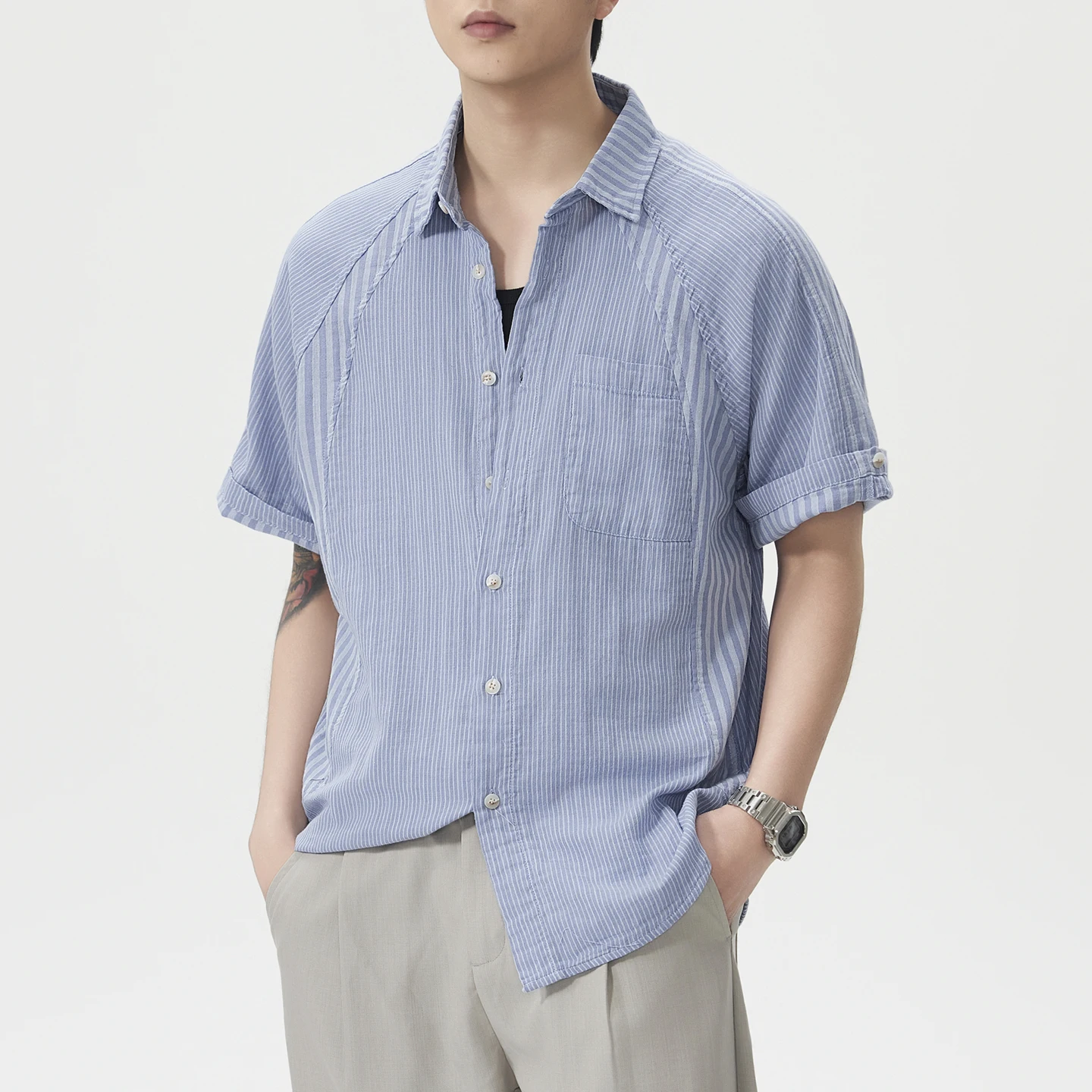 

Men Stripe Splice Short Sleeve Japanese Streetwear Cityboy Fashion Loose Casual Shirt Campus Boys Summer Shirts Blouses