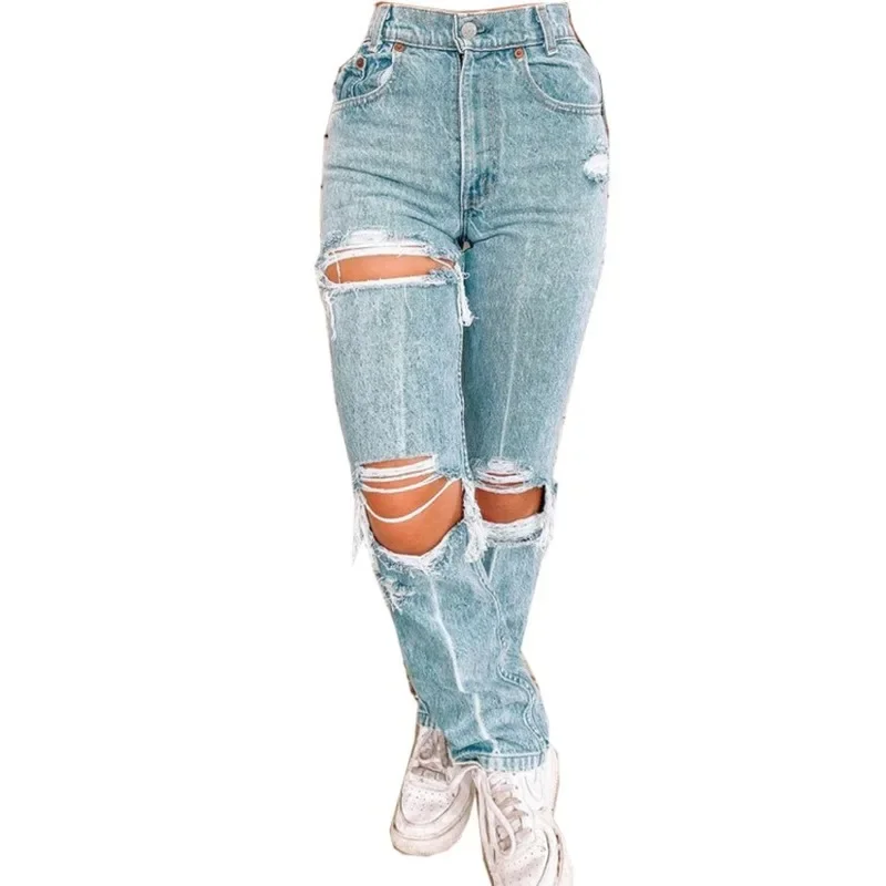 

Ripped Jeans Denim Hole Straight Pants Women Jean Distressed Vintage High Waist Washed Solid Pockets Trousers Casual Loose