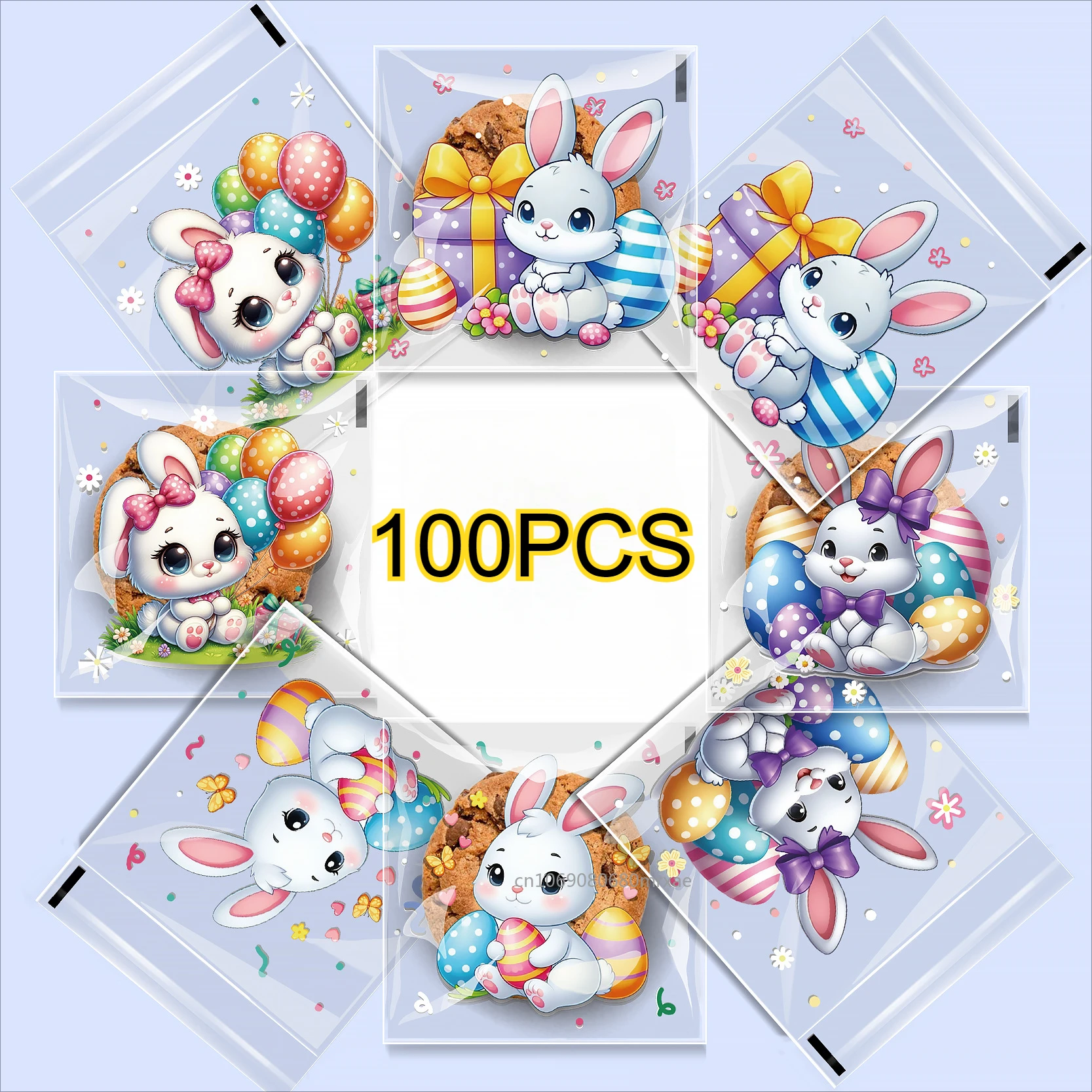 100pcs Easter Cellophane Treat Bags, Plastic Transparent Gift Wrap, Assorted Easter Egg Designs for Party Favors and Candy
