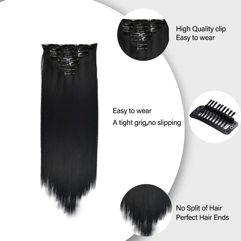 7pcs/set Synthetic Wavy Hair Clip 22inch Long Straight Full Head Thick Hair Pieces for Women 16 Clips Clip in Hair Extensions