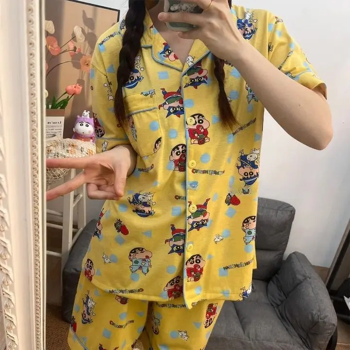 Crayon Shinchan Pajama Set Women Short Sleeve Cartoon Sleepwear Yellow Homewear Shorts Suit