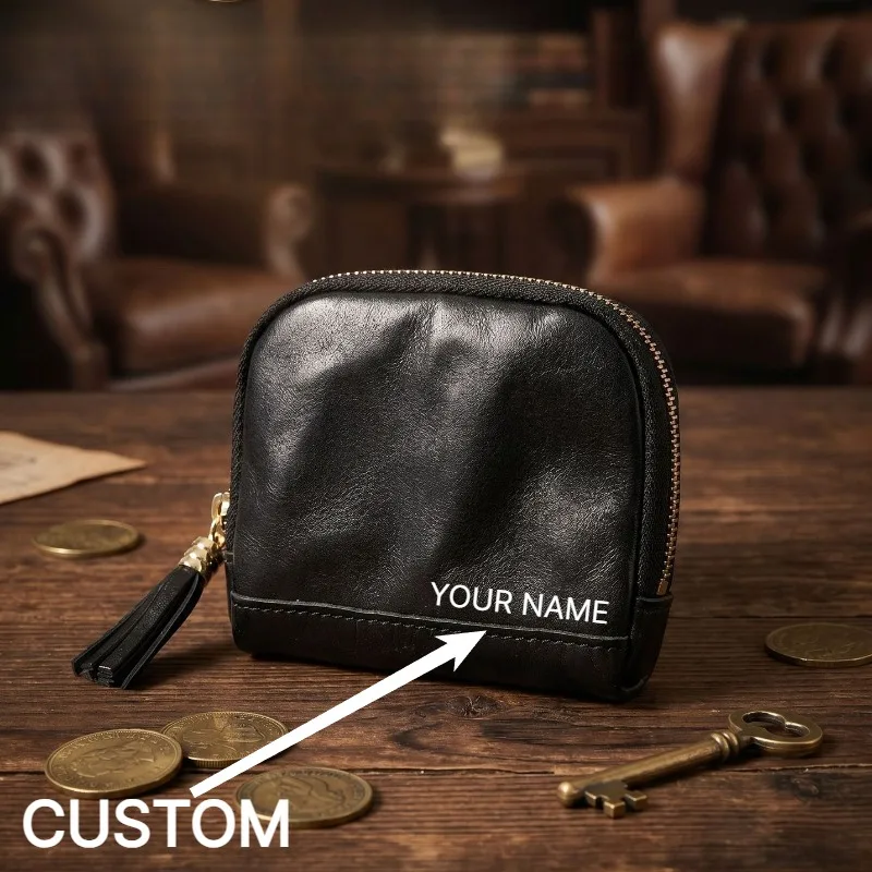 Vegetable Tanned Leather Wallet Vintage Coin Purse Card Holder Bifold Slim Wallet Large Capacity Custom Engraving