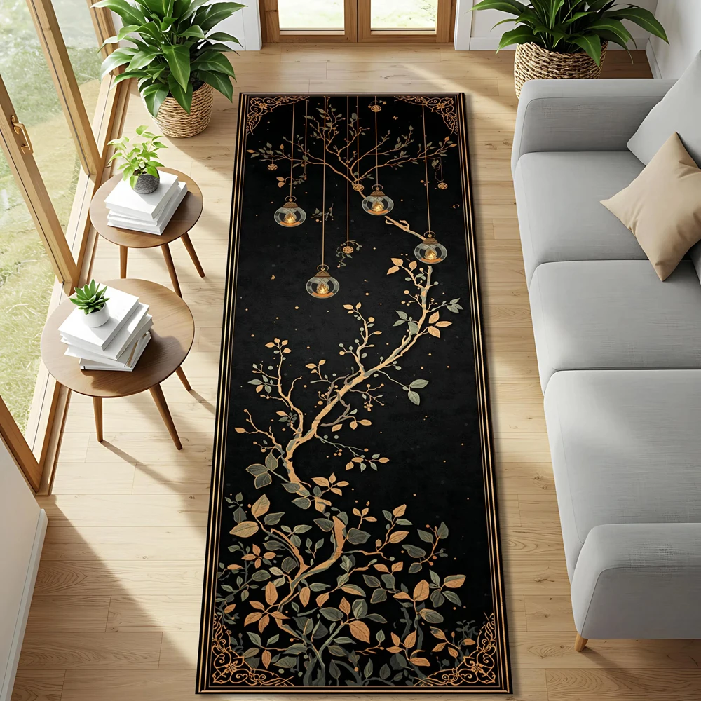 Luxury Black Gold Branch Runner Rug Elegant Vintage Flower Print Non Slip Area Rug for Living Room Bedroom Hallway Home Decor