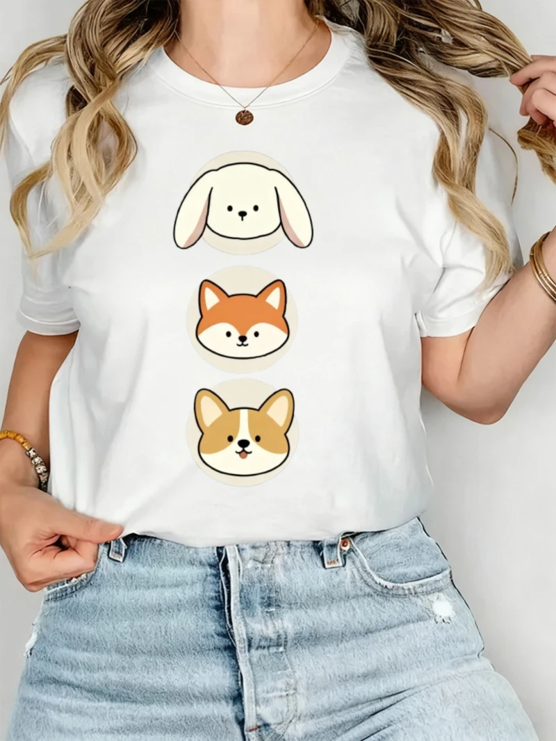 

Женский белый свободный хлопковый топ с короткими рукавами и круглым вырезом с принтом и милыми наклейками с изображением аватара для весенних и летних стилей