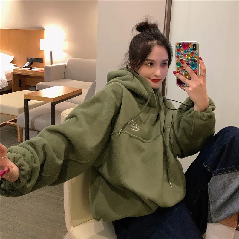 秋冬肥厚ルーズフリーストレーナー怠惰なスタイルトップコート長袖女性のパーカーソフト暖かいアウタージャケット
