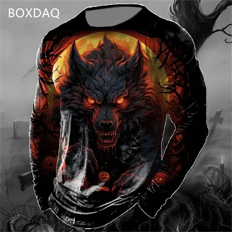 Wolf T-Shirts For Men\'s Long Sleeve 3d Print Animal Street Hip Hop T Shirt Spring Autumn O-Neck Loose Casual Tops Plus Size 6XL