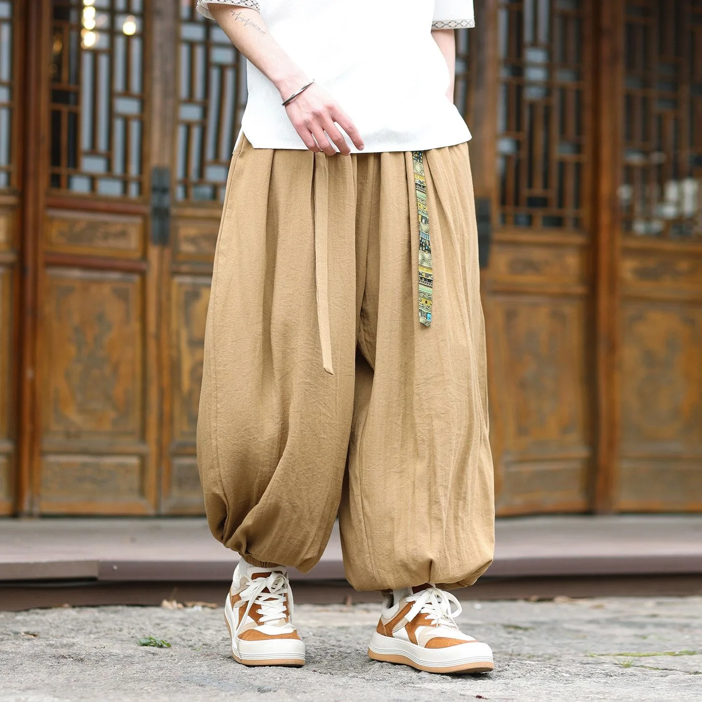 Men Cotton Linen Ribbon Bloomers Pants Male Ethnic Vintage Embroidery Pantalons Trendy Casual Cozy Daily Streetwear Trousers