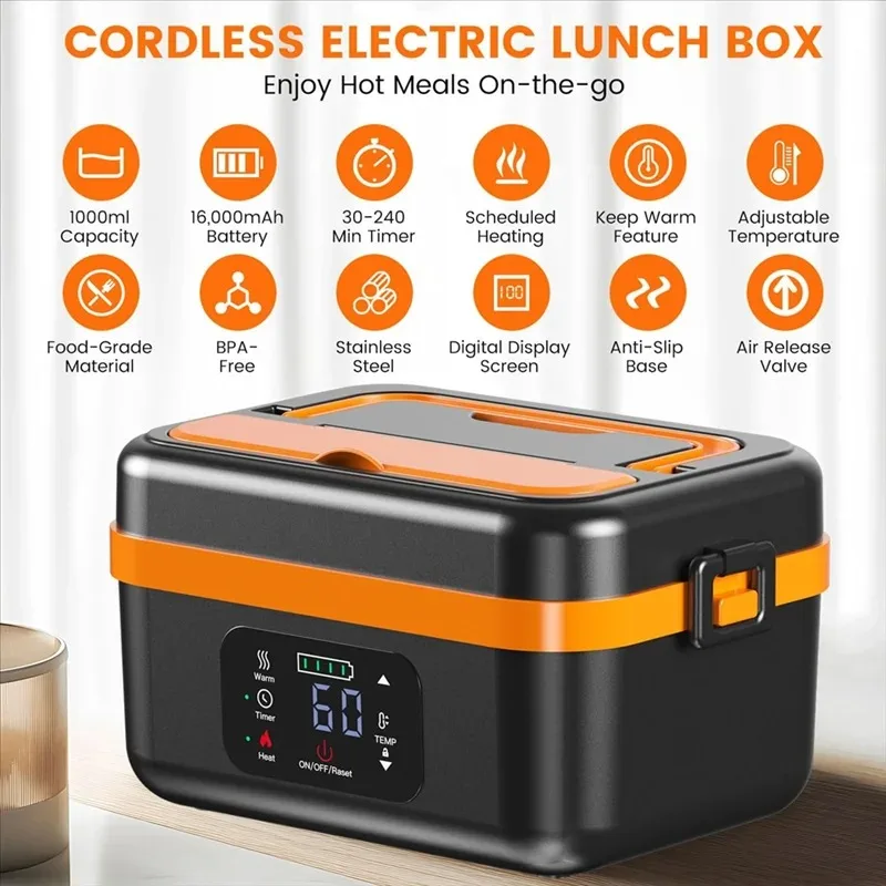 

A76G-Cordless Electric Lunch Box,Rechargeable Self-Heating Food Warmer with 16000Mah Battery,For Work/Travel/Car/Office