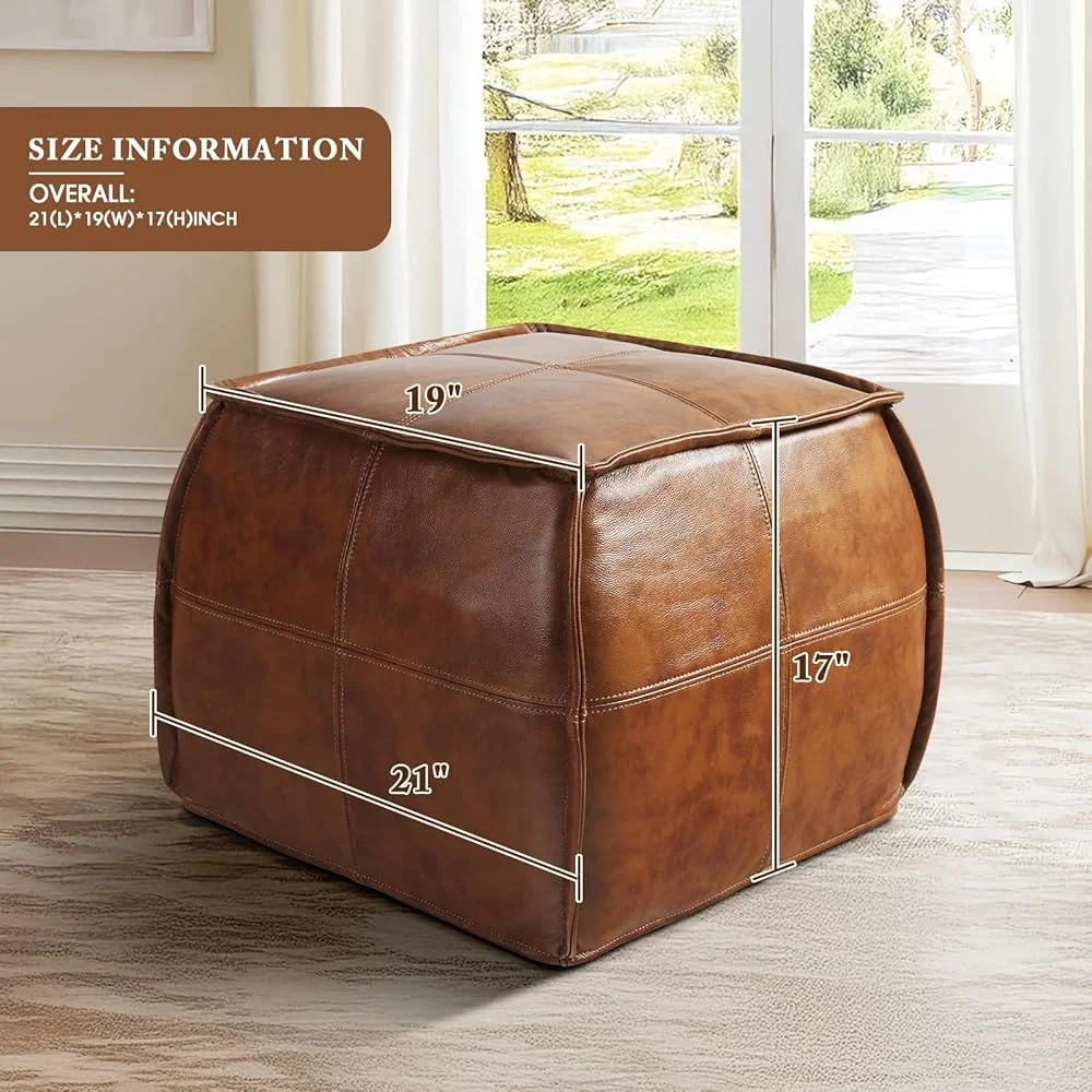 Genuine Leather Ottoman Handmade Storage Pouf Soft Cushion Footrest Stylish Seating Home Living Spaces