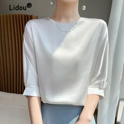 Classic Solid Color Thin Blouse Women Classic Half Sleeve Temperament O-collar Loose Slim Inner Layering Lady Pullover Shirt