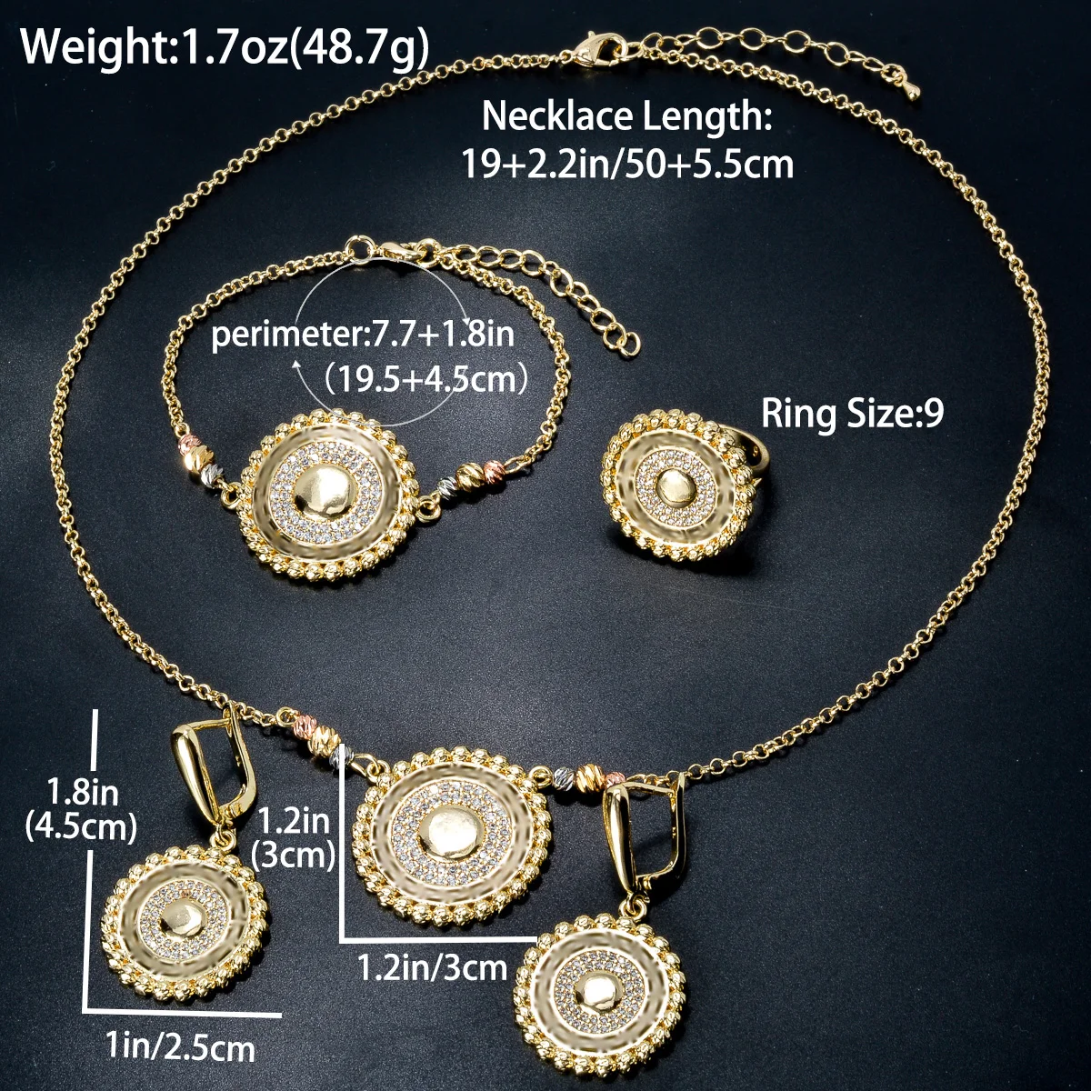 4 pezzi Set Chic zircone gioielli placcato oro 18 carati collana con ciondolo rotondo bracciali orecchini anelli per le donne regali per feste di