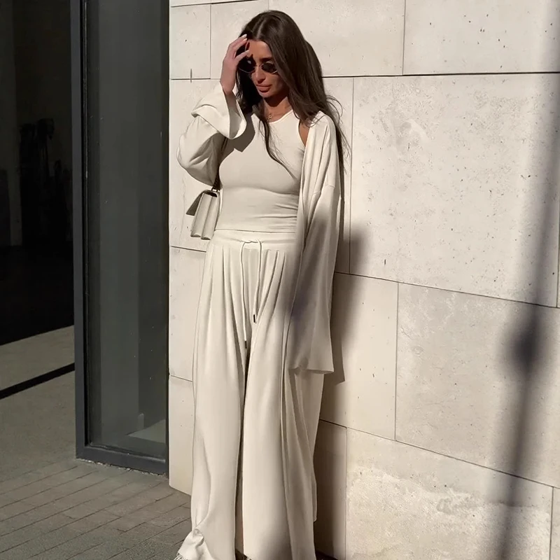 

Fashion Casual Three Piece Set Spring Women Long Sleeves Cardigan Coat+sleeveless Vest+drawstring Wide Leg Pants Autumn Outfit