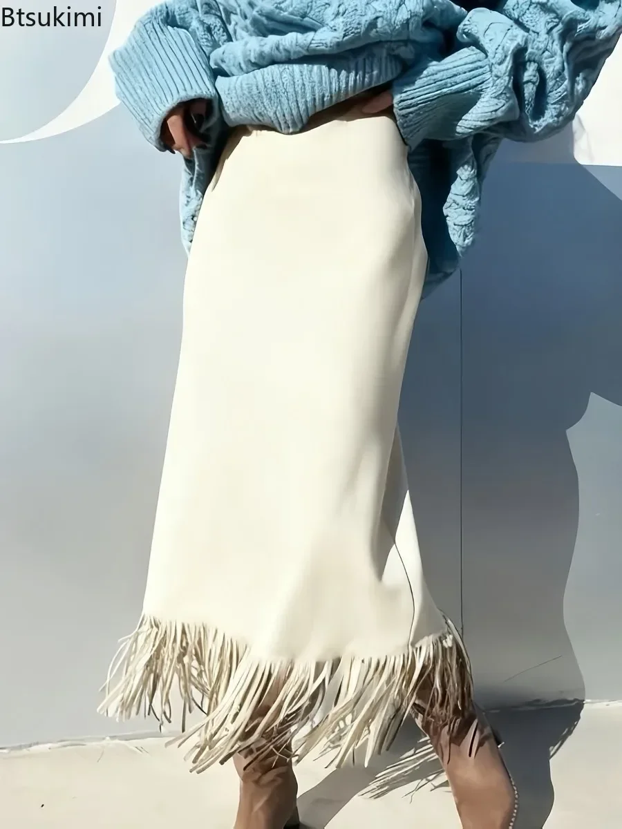 New Women Retro Faux Suede Straight Skirt High Waist Fringe Hem Long Skirt Autumn Winter Elegant Slim High Street Fashion Skirts