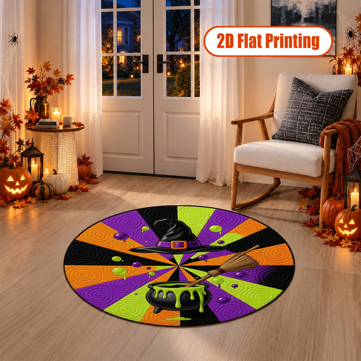 Witch Hat Cauldron Broom Spiral Pattern Round Velvet Mat Machine Washable Living Room Bedroom Kitchen Halloween Thanksgiving Black Friday Christmas New Year