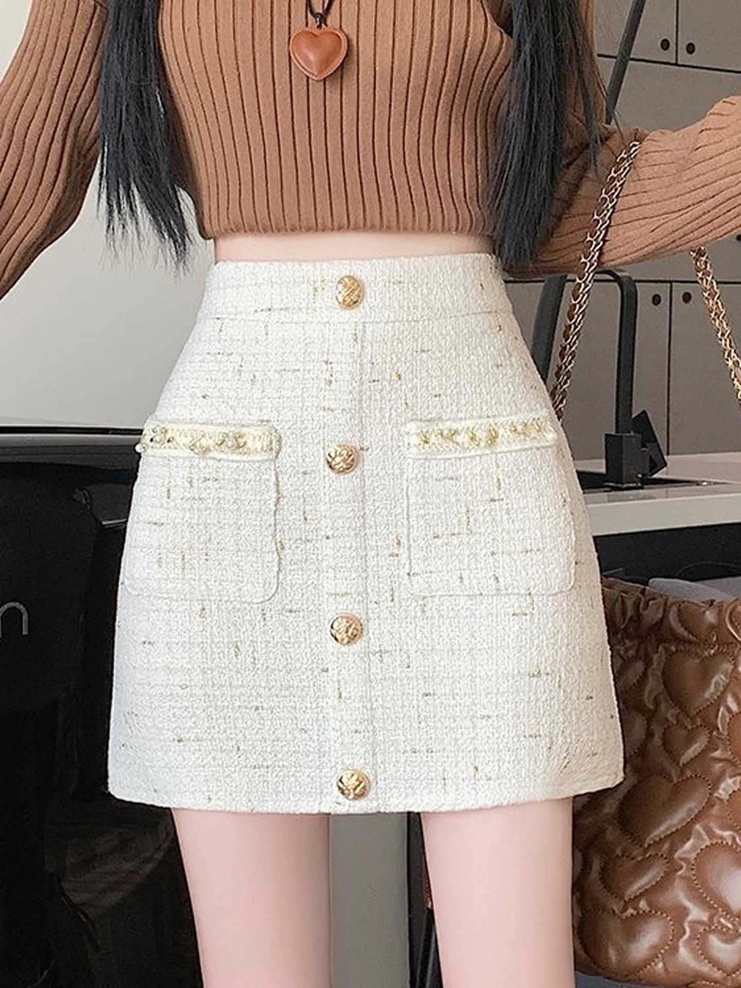 High Waist A-Line  Skirt Women's Autumn New Bright Thread Woolen Thickened Coat Style Slimming Skirt Commute Style