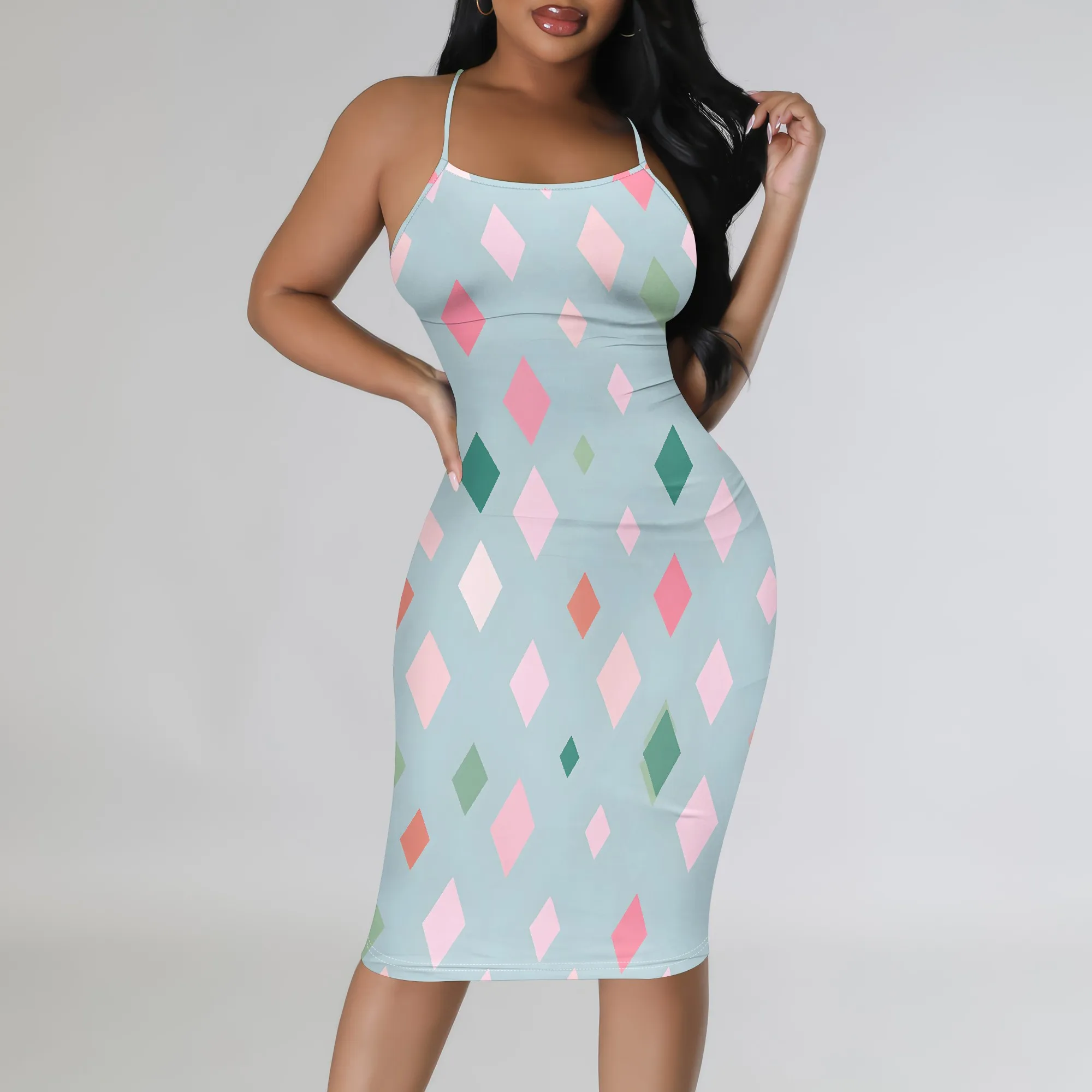 Printed Cami Dress, Pastel Diamond Pattern Bodycon Dress, Summer Beach Party Wear for Women, S-2XL