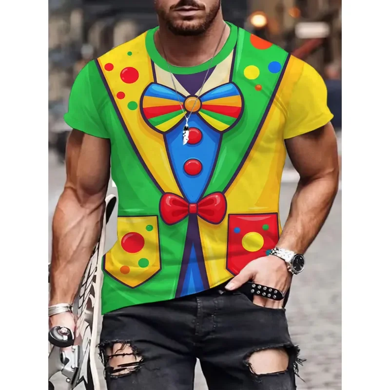 Men T Shirt Short Sleeve Crew Neck 3D Clown Suit Bow Tie Dot Print Halloween Party Casual Costume Tops For Men