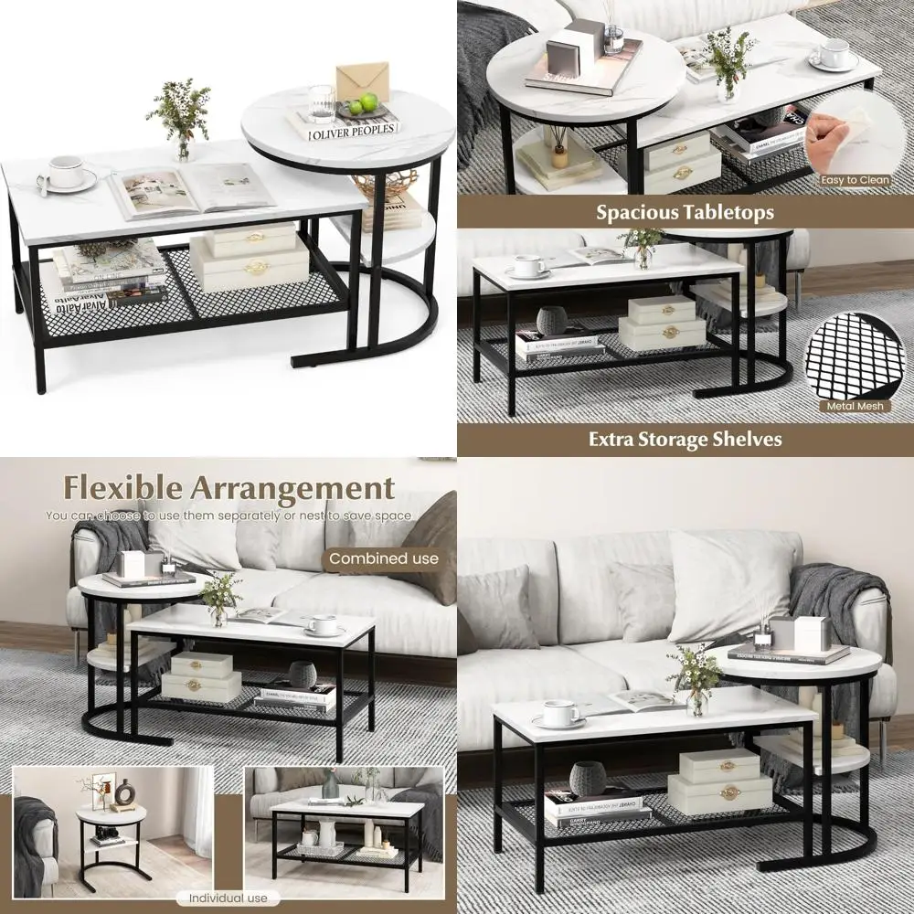 

Современный круглый журнальный столик со столешницей из искусственного мрамора и полкой для хранения, коллекция торцевых столиков из 2 предметов