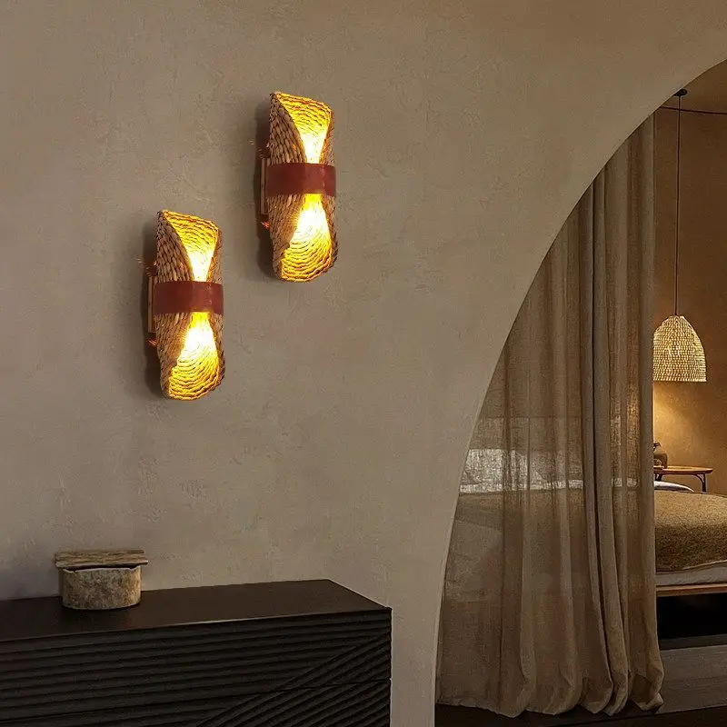 Retro Rattan Weave Wall Lamp Japanese Bedroom Bedside Wall Lights Pastoral Countryside Indoor Decoration Wall Lighting Fixture