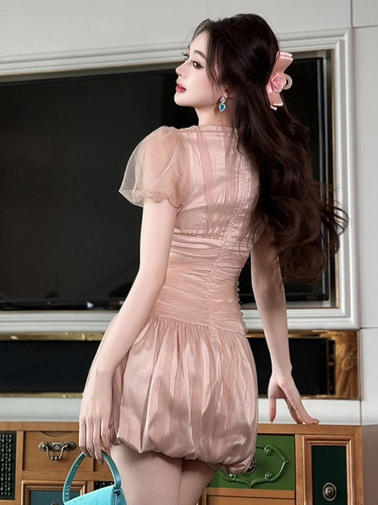 สไตล์ฝรั่งเศส Kawaii ผู้หญิงประณีตน่ารักแขนฟอง 3D ดอกไม้ SHEER ตาข่าย Cloud ชุดเลดี้สั้นชุดพรรค Vestidos