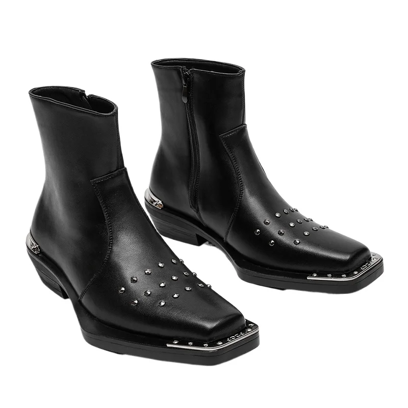 New Men's Iron Toe Heeled Chelsea Boots Square Toe Side Zipper Ankle Boots