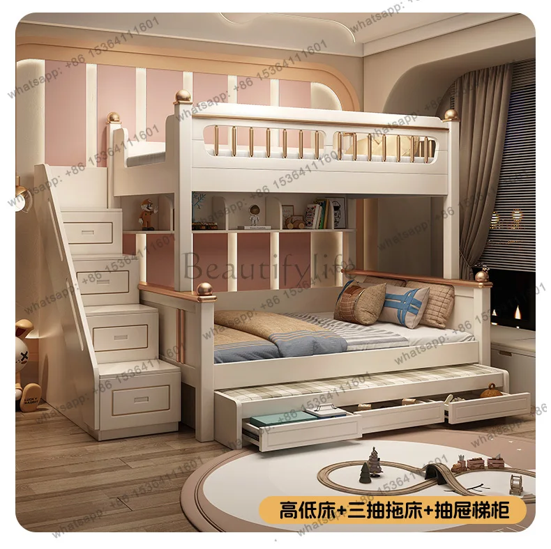 FG 135x190cm Wood Mattress Bunk Bed With Slide Ladder King Size Frame 3 Drawers Storage Kids Loft Bed Queen Bed 2 People Fu