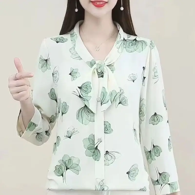 2023 Women Bow Floral Print Elegant Blouses Summer Casual 3/4 Sleeve with Button Shirts Loose Chiffon Tops Blusa Mujer Moda 2023