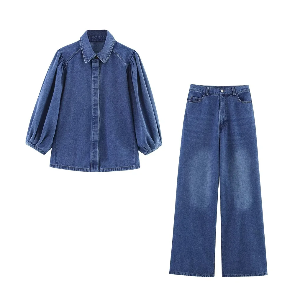 

PB&ZA 2025 Women's Blue Denim Puff - Sleeve Button - Down Shirt and Wide - Leg Jeans Set for a Casual and Stylish Look