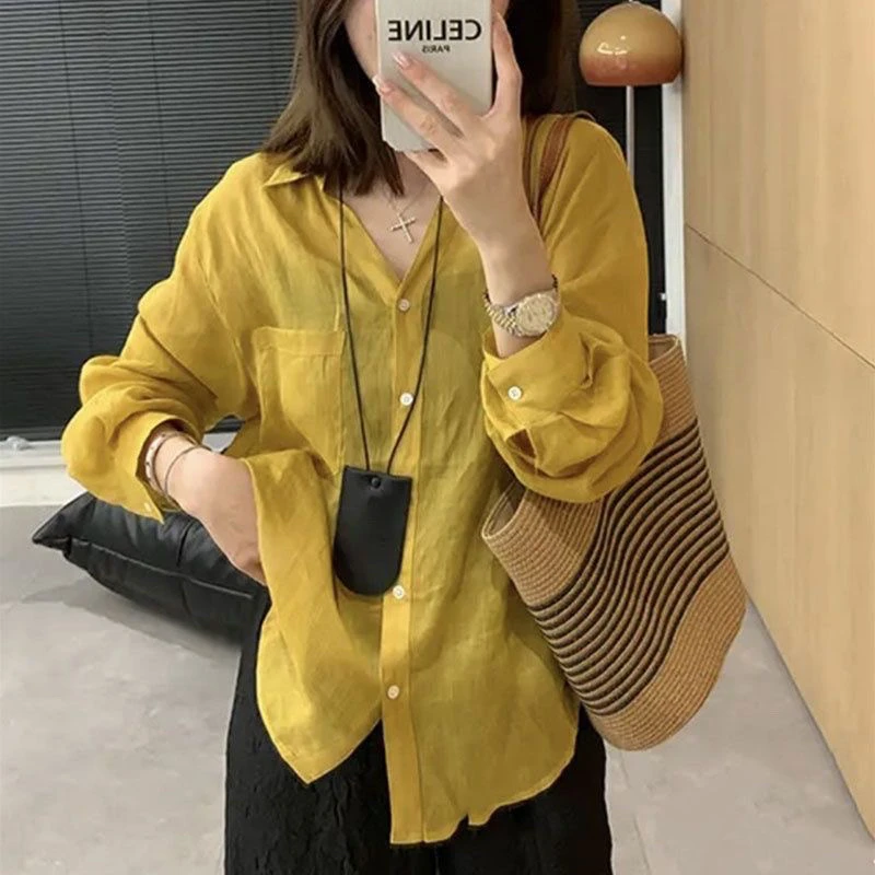 

Yellow Cotton Linen Shirt Women's Early Autumn New Design Fashion Loose Casual Versatile Turn-down Collar Flax Shirt Cardigan