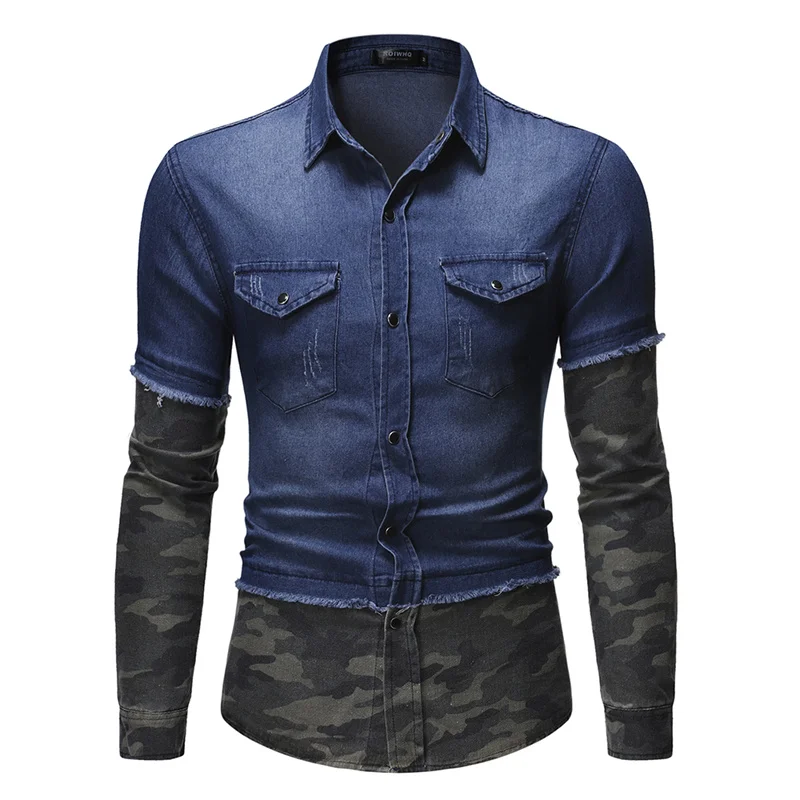 Mens Brand Long Sleeve Cotton Denim Shirt Quality Cowboy Shirts for Men business Casual Slim color Joining together cowboy top