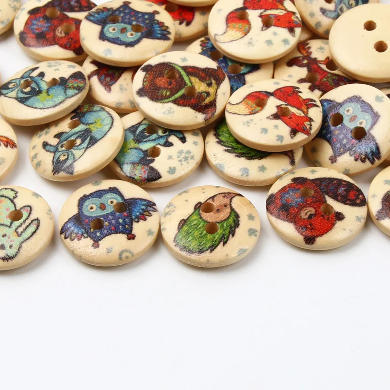 50pcs 15mm Lovely Fox Bear Owl Pattern 2Hole Wood Buttons For Clothing Needlework Scrapbook Decoration Crafts Sewing Accessories