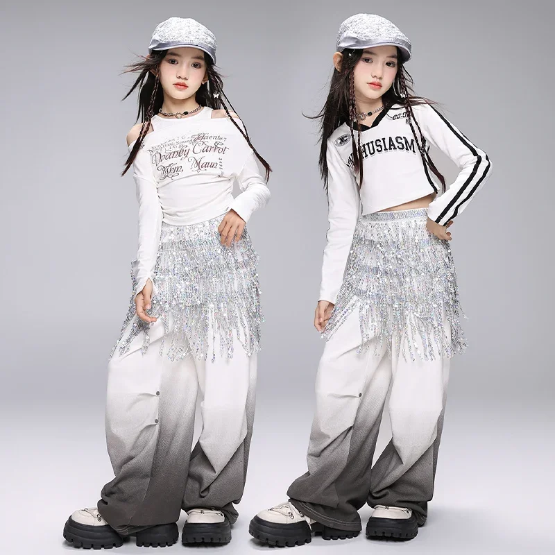 女の子 K-ポップクロップトップスパンコールジョガーパンツガールグループ服セット子供ジャズストリートダンス衣装子供ヒップホップストリート