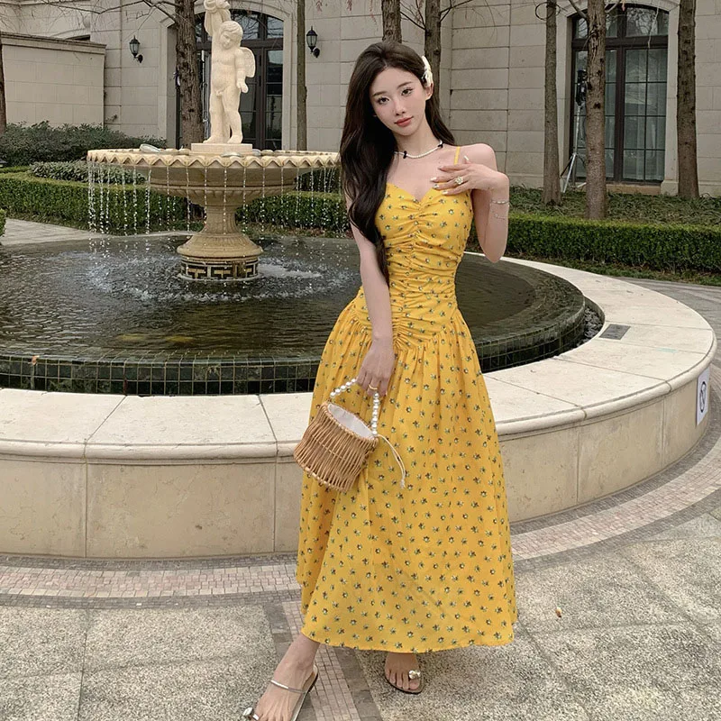 Suspender Dress Women Summer High Waist Broken Flower Vintage Chiffon Robe Elegant French Gown Beach Resort Party Sling Dresses